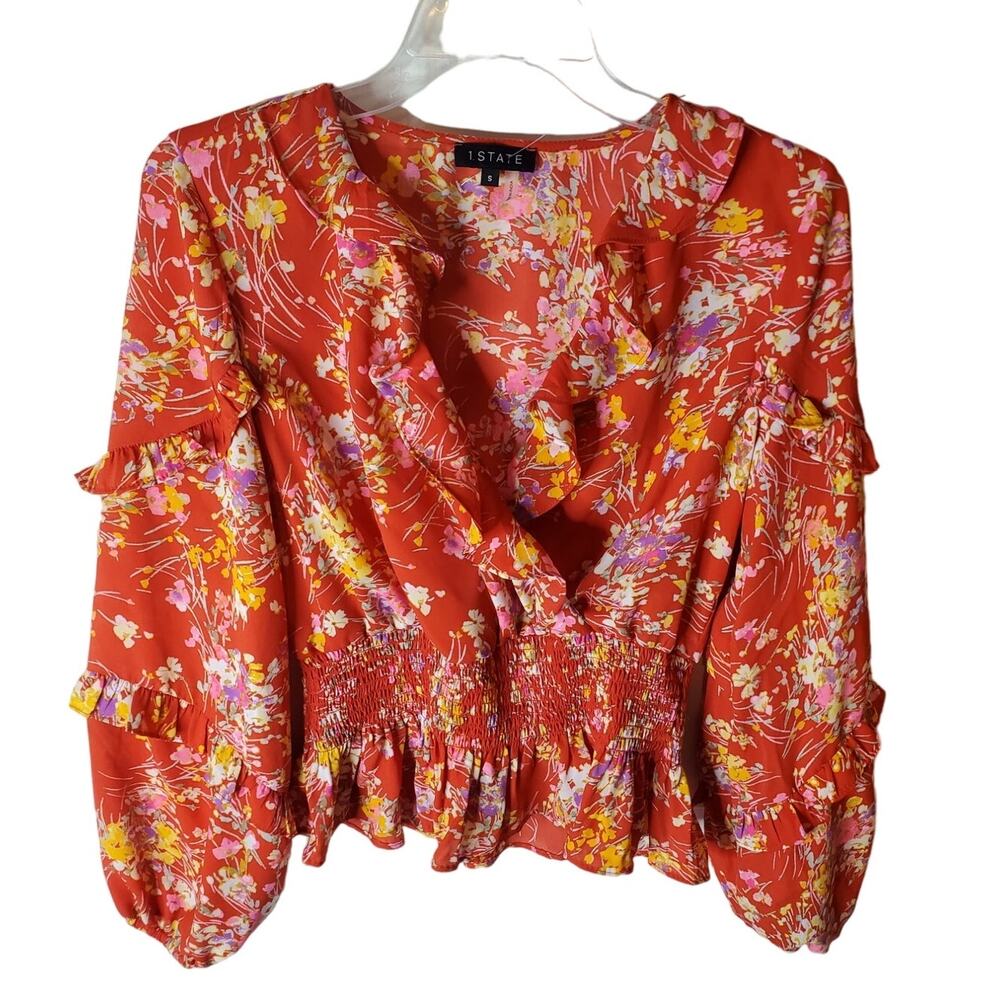 1.State Faux Wrap Floral Smocked Top, Small